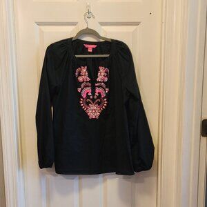 Lilly Pulitzer black tunic top! Pink beads pullover L